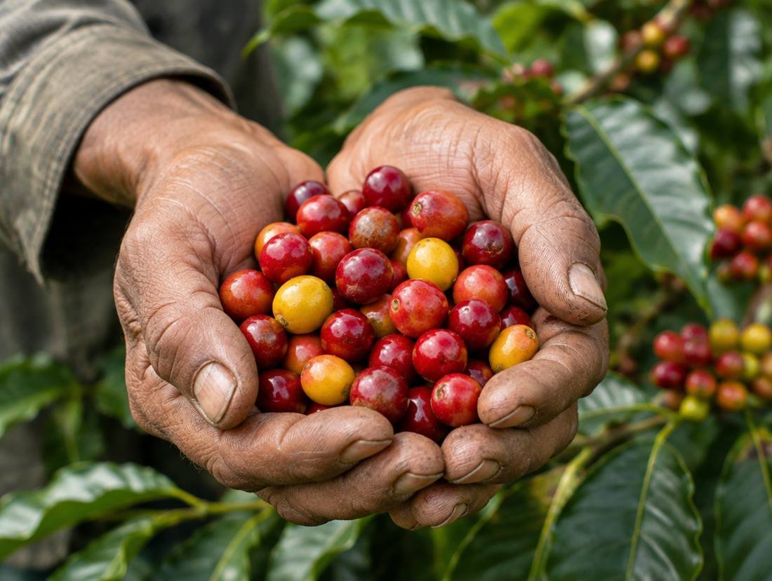 A farmer's hands holding ripe coffee cherries