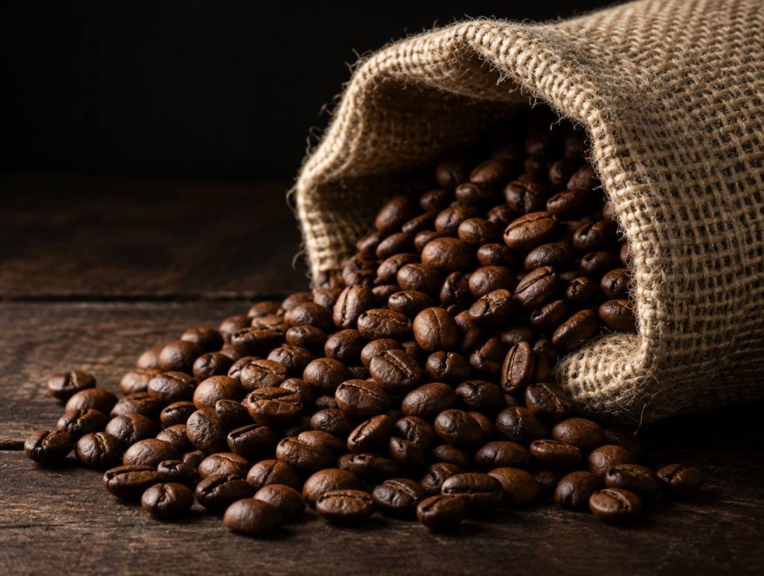 Roasted coffee beans spilling from a burlap sack