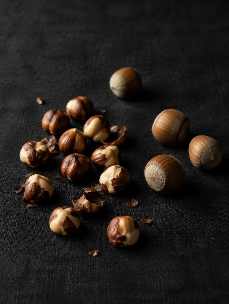 Toasted hazelnuts on dark linen