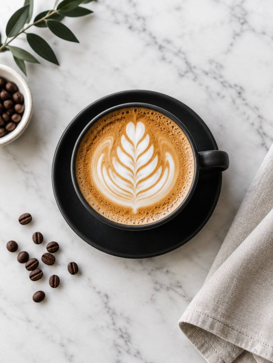 Cappuccino with latte art on marble