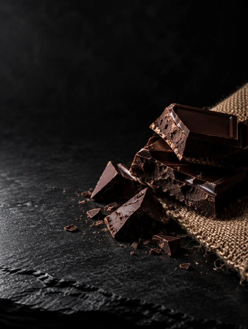 Pieces of dark chocolate on slate