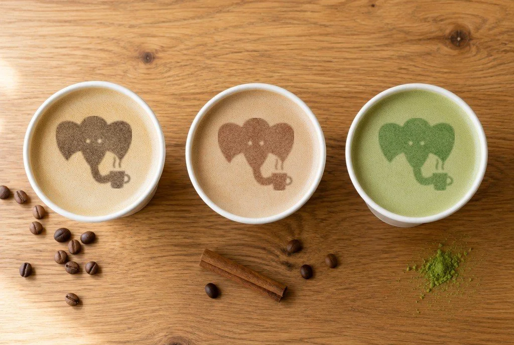 Three 12 oz cups seen from above, each dusted with the Infuse the Bean elephant: cocoa on a latte, cinnamon on a chai and matcha on a matcha latte