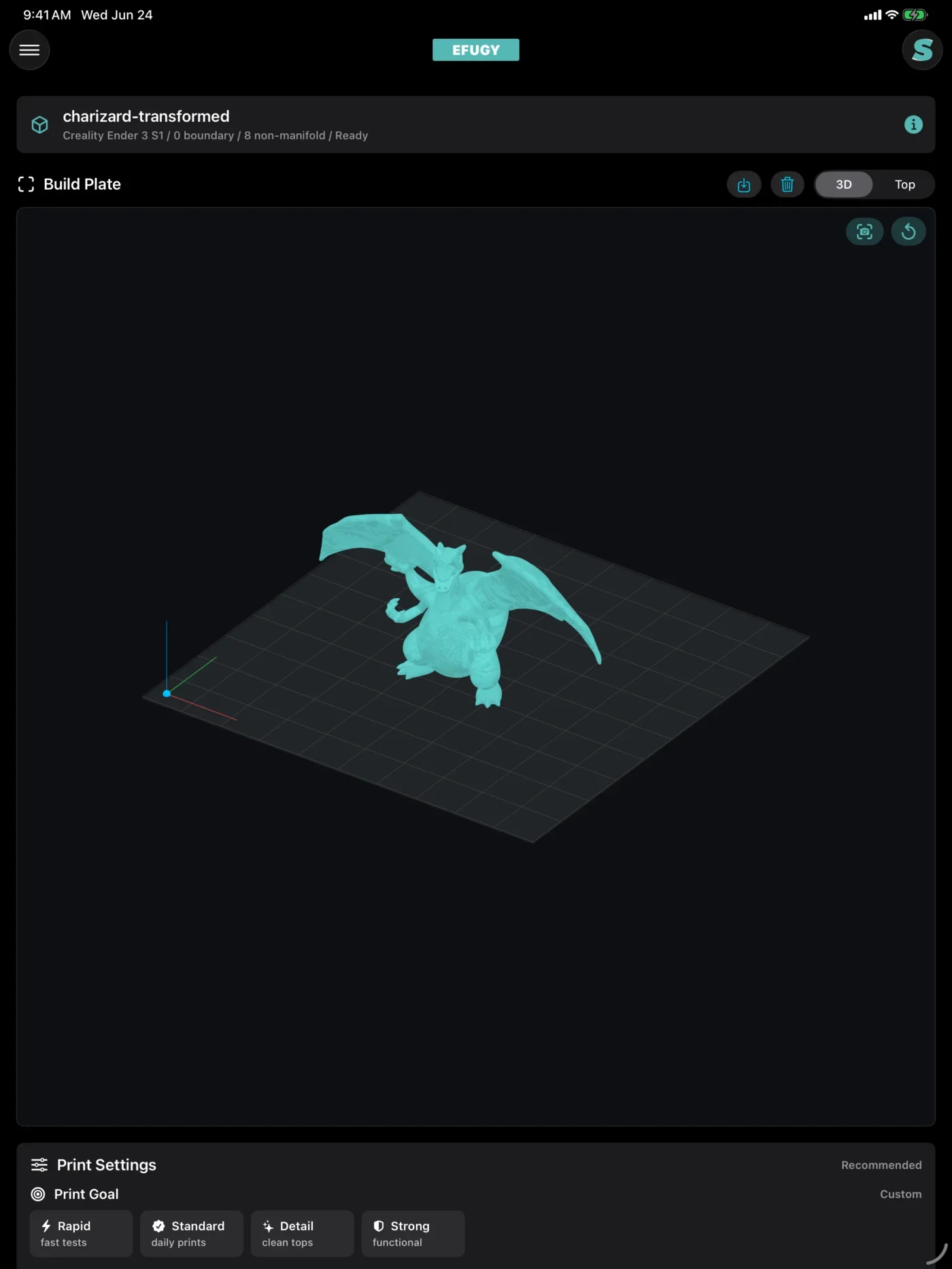 EFUGY 3D Slicer showing a Charizard model on an iPad build plate