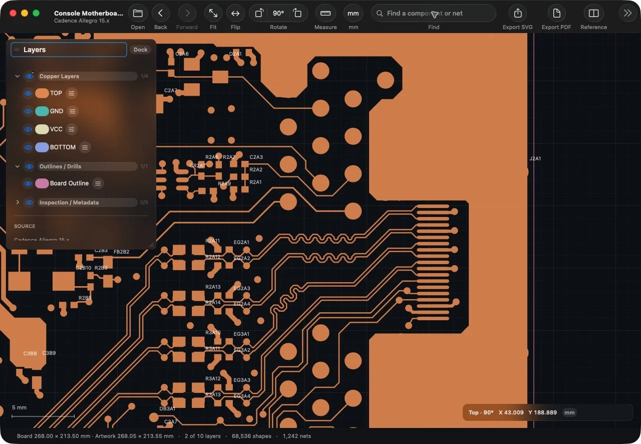 The console HDMI region rotated ninety degrees in CopperScope with readable component references and a floating Layers panel.