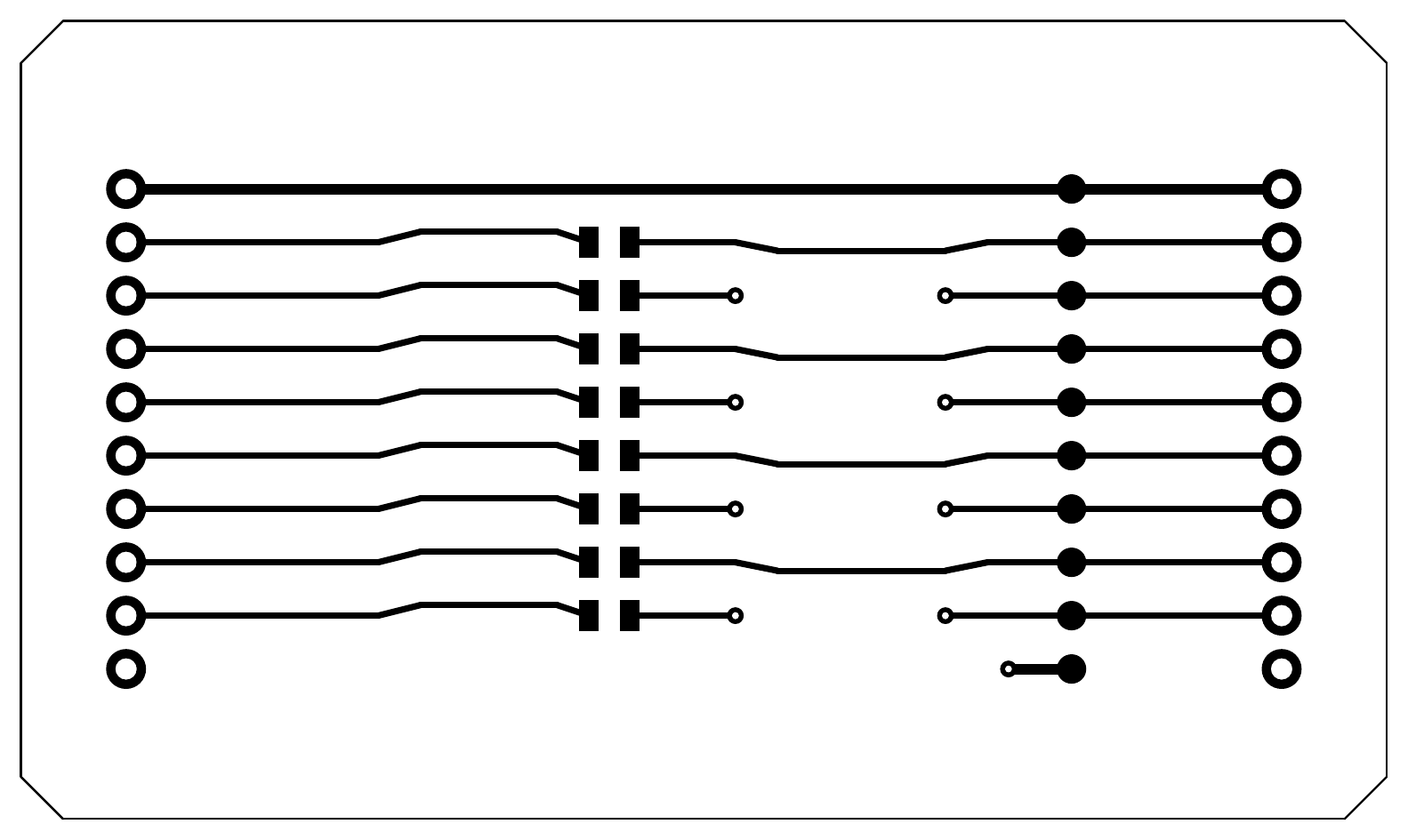 Actual exported top copper PDF rendered as a preview. The complete original LinkProbe A example has a chamfered outline, two rows of through-hole header pads, resistor lands, traces and drill holes.