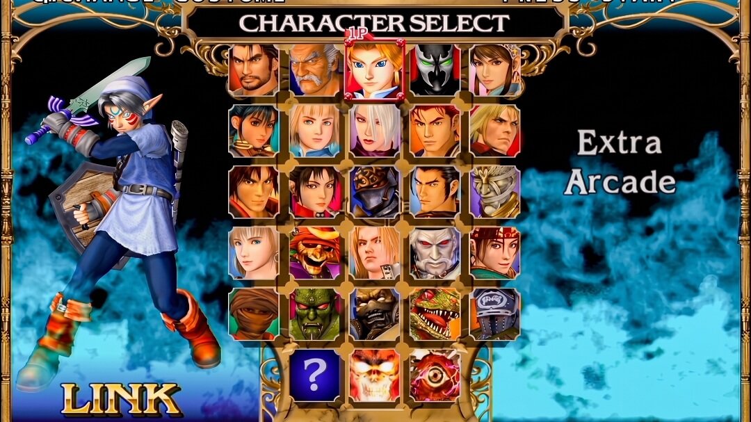 Fierce Deity Link beside the SoulCalibur II Plus character roster on GameCube