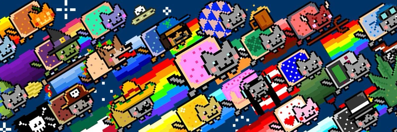 Official collage banner of many Nyan Cat variants streaking across a starry sky