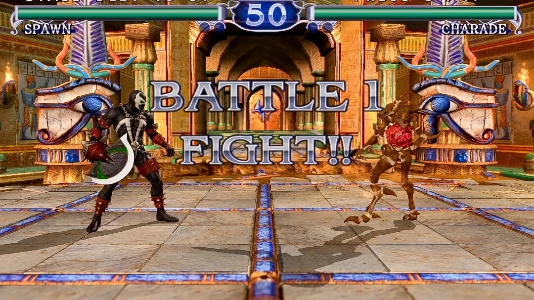 Spawn and Charade at the Battle 1 Fight screen in SoulCalibur II Plus through Swiss