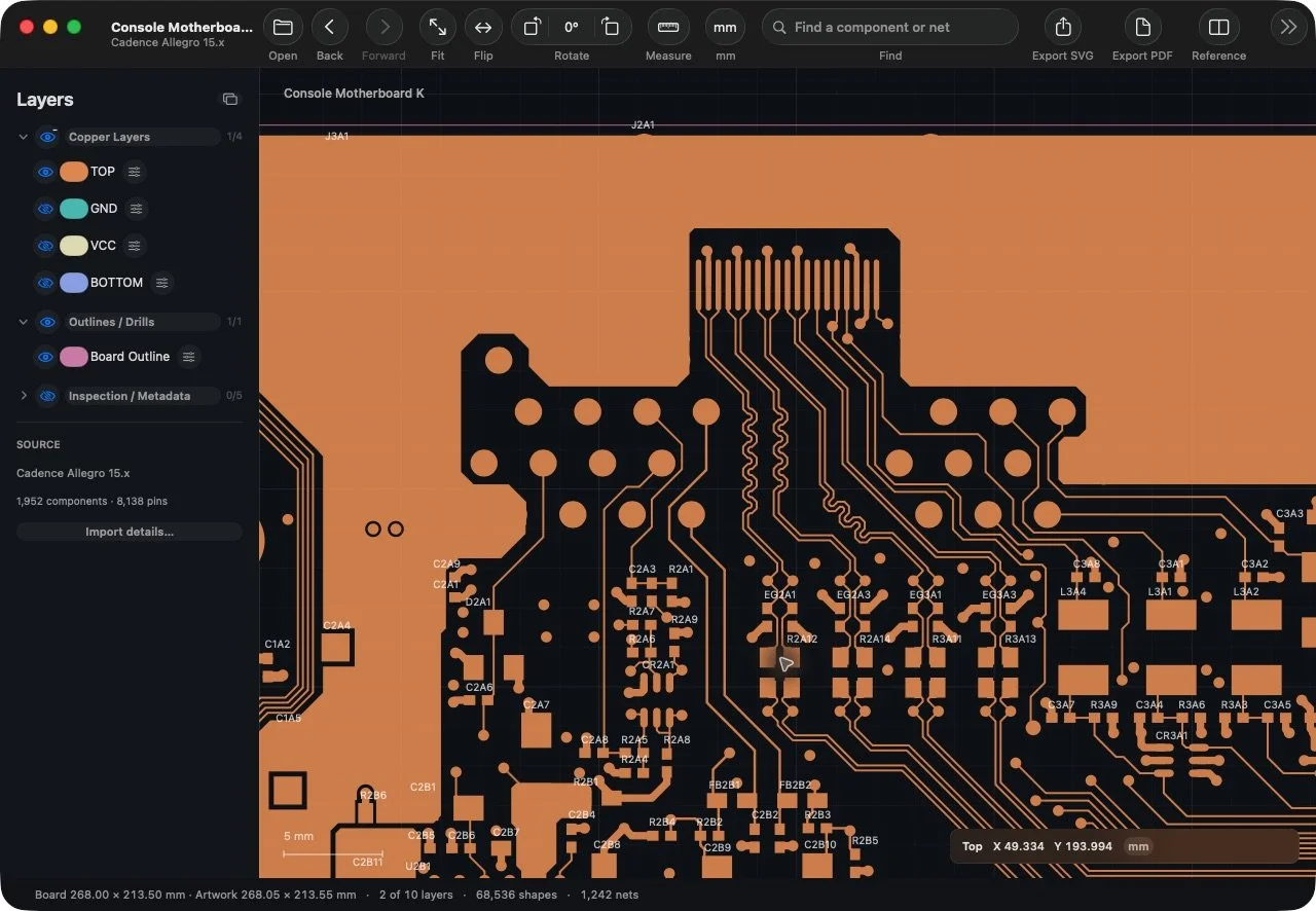 CopperScope zoomed into the console HDMI connector with orange top copper, surrounding pads and grouped layer controls.