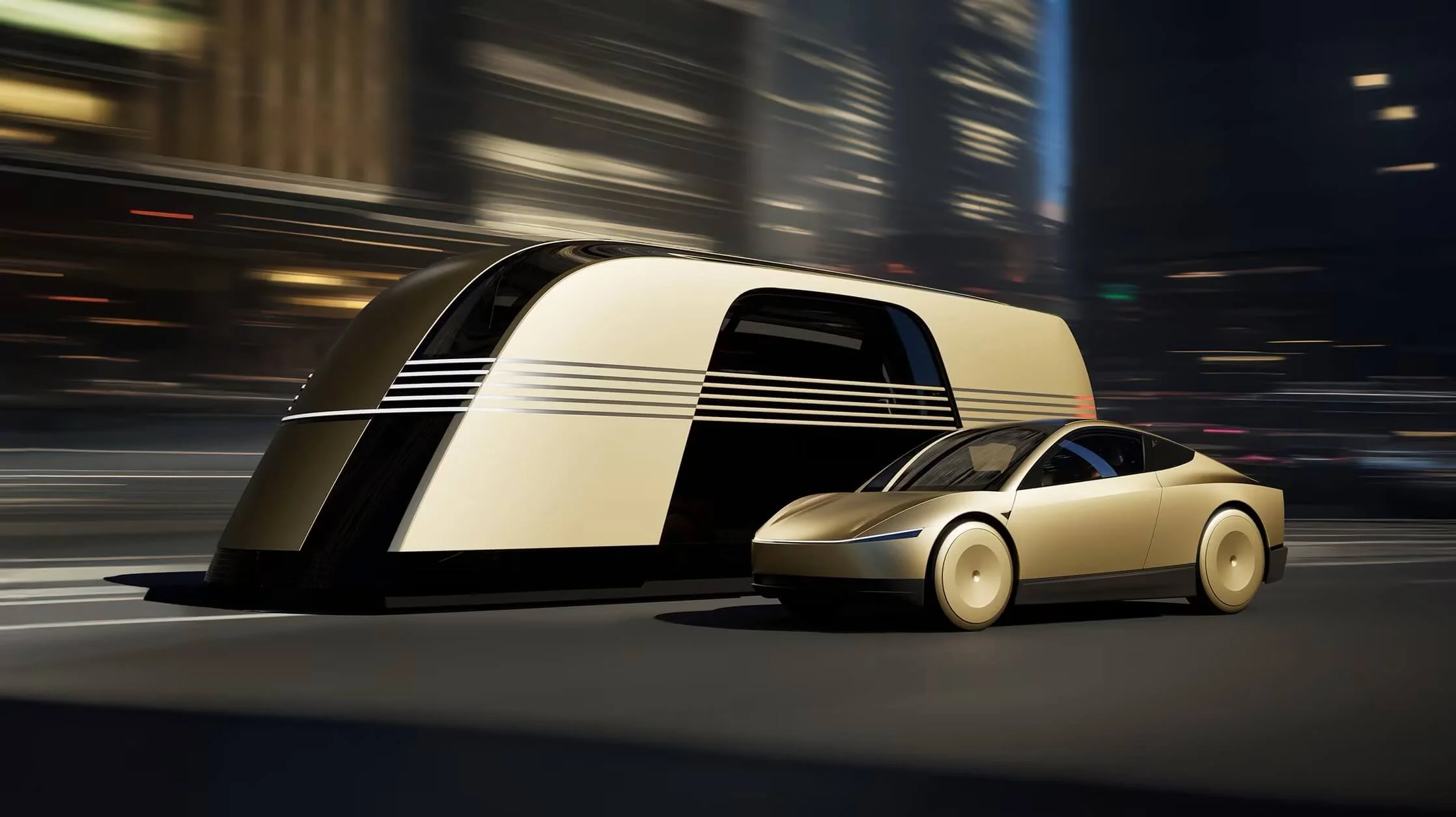 Futuristic Tesla Cybercab concept driving in Texas at night