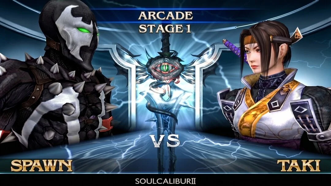 Spawn and Taki on the SoulCalibur II Plus pre-battle screen