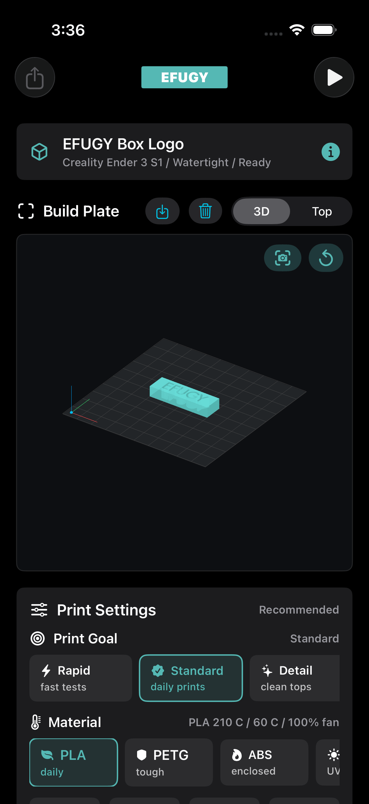 EFUGY app showing a 3D model on the build plate