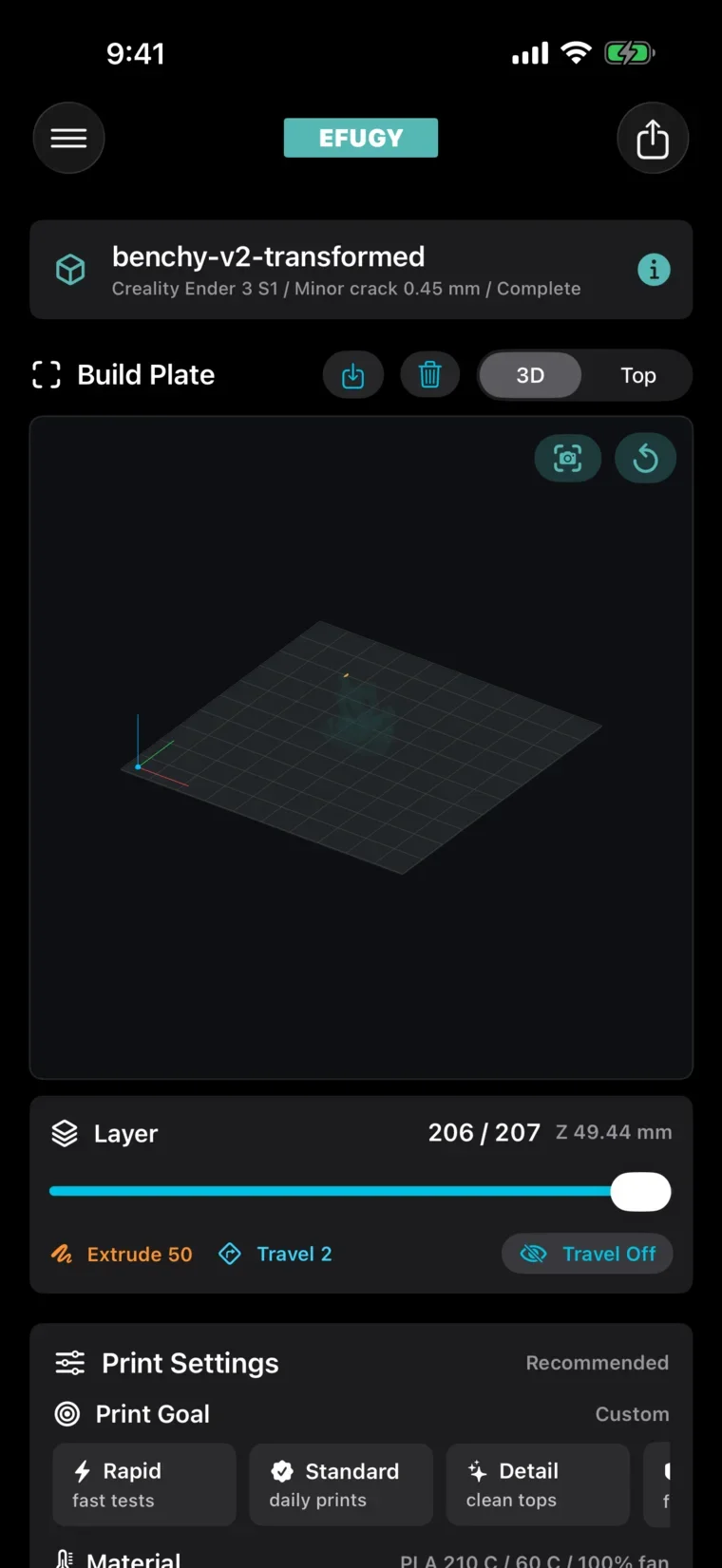 EFUGY iPhone screenshot with a completed Benchy toolpath preview