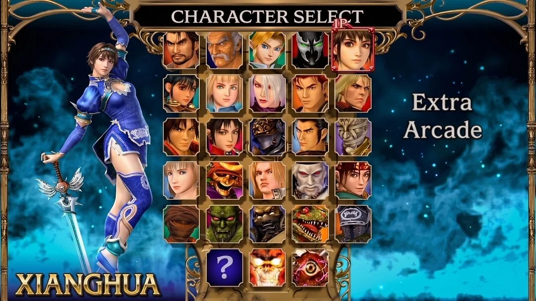 Xianghua holding Soul Calibur beside the expanded SoulCalibur II Plus character roster
