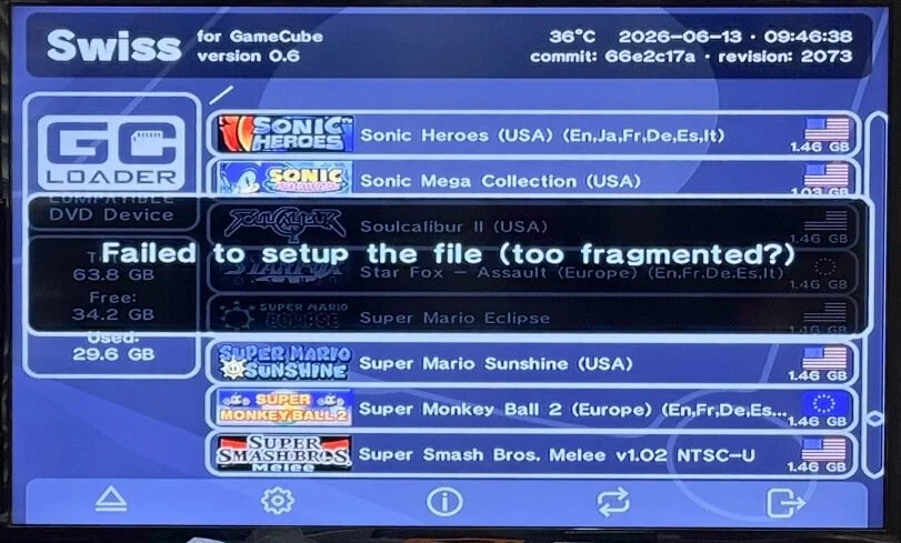 Swiss v0.6 showing the Failed to setup the file too fragmented error while launching Super Mario Eclipse