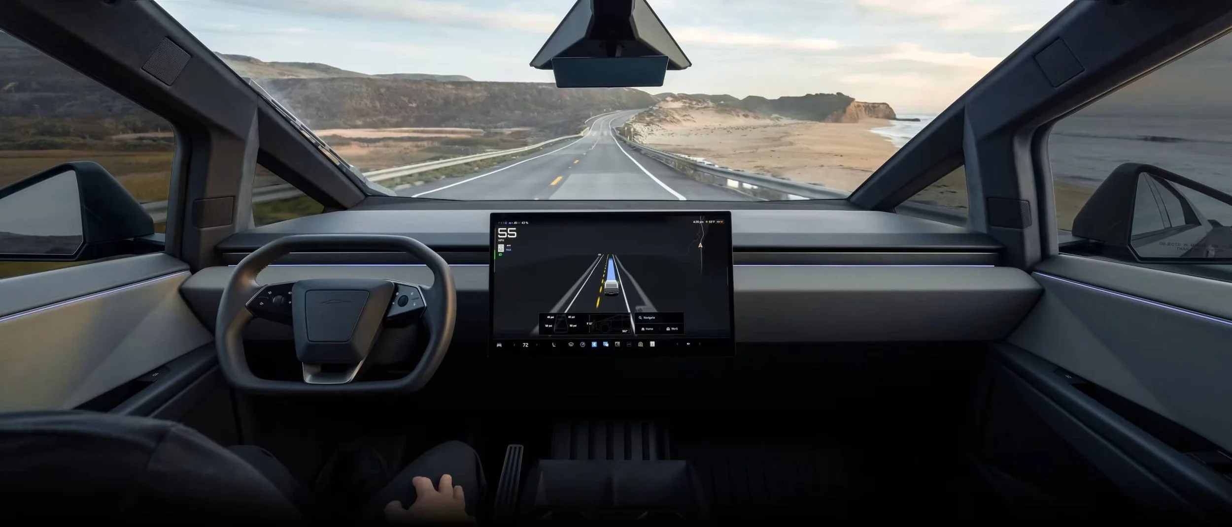 Tesla Cybertruck interior view with center touchscreen