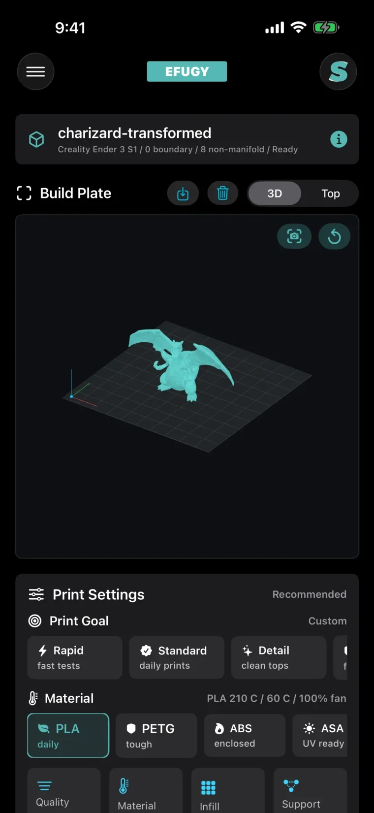 EFUGY iPhone screenshot with Charizard model on the build plate