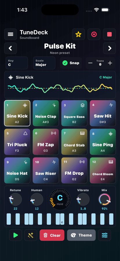 TuneDeck app showing colorful sound pads, waveform controls, transport buttons, and recording controls
