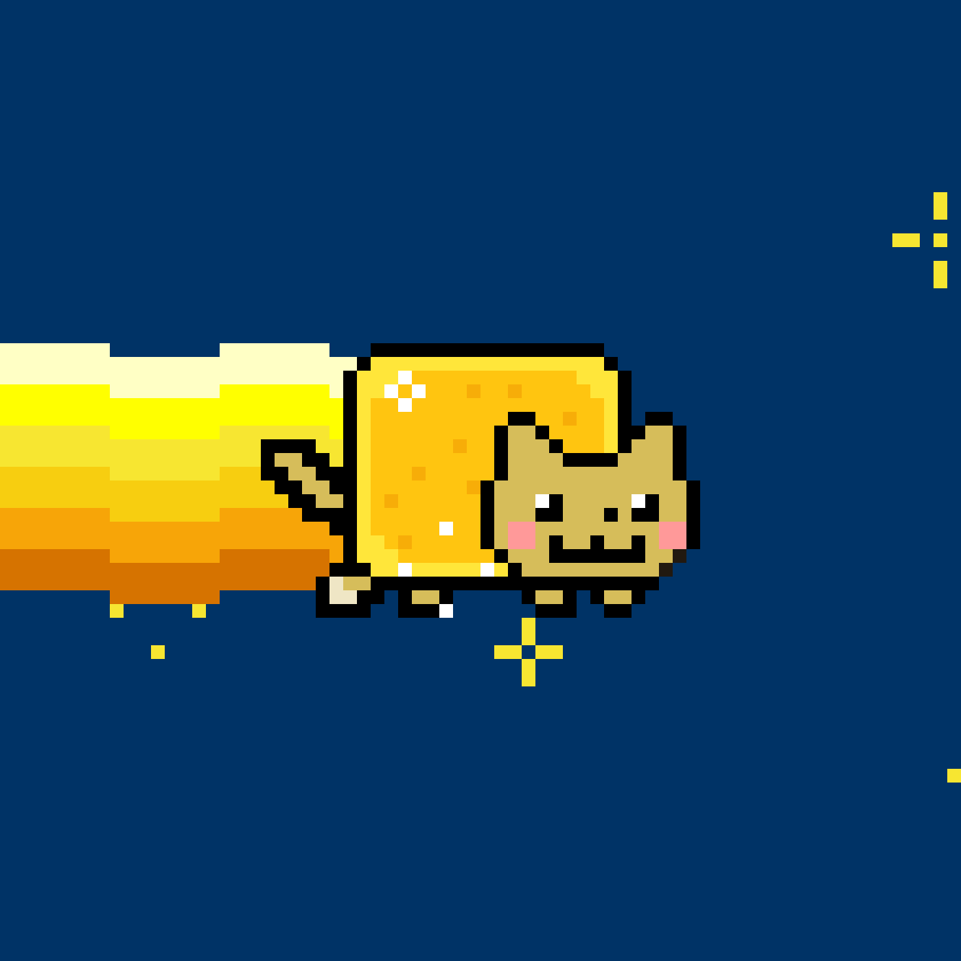 Golden Nyan Cat streaking across a midnight sky, trailing a gold comet tail