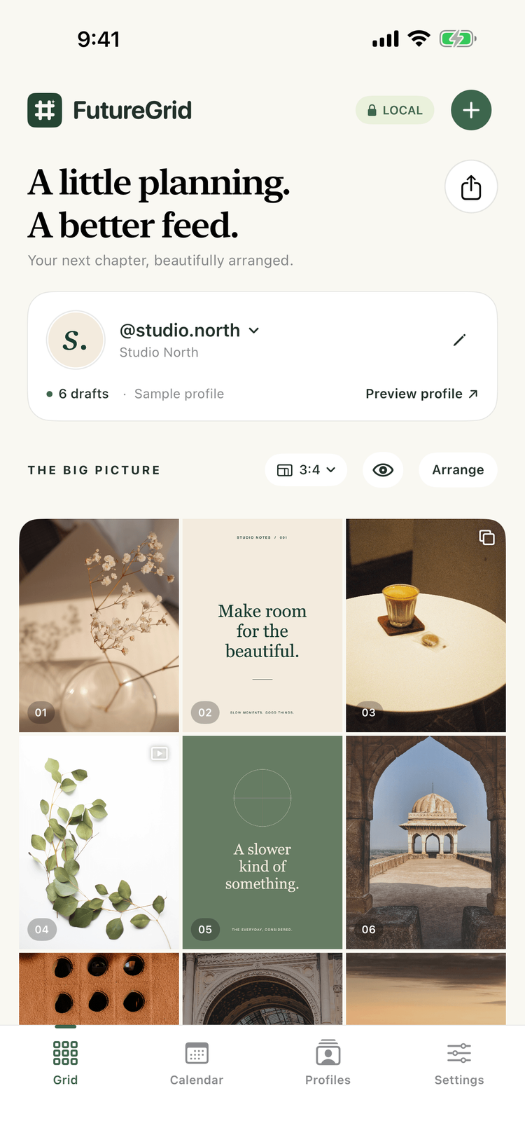 FutureGrid on iPhone showing the Studio North sample profile and its planned photo grid.