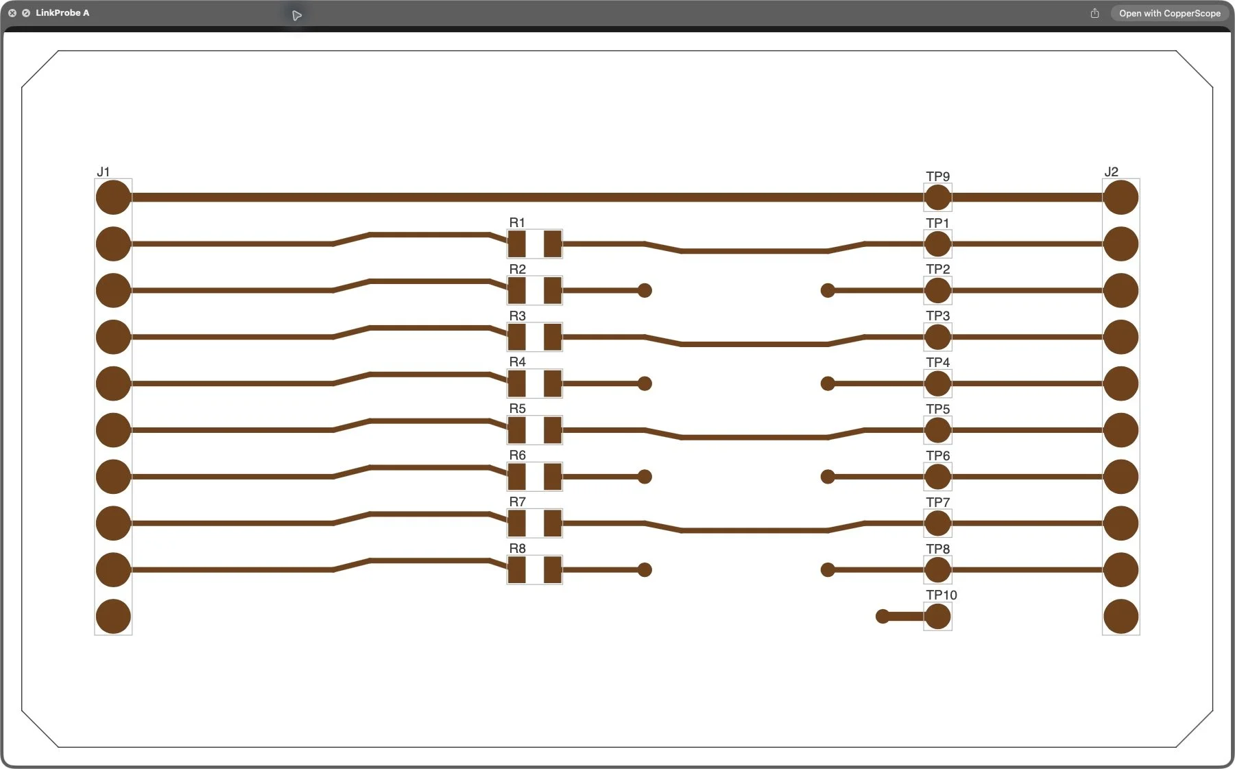 The actual CopperScope Quick Look panel in Finder previews LinkProbe A, a small two-layer inspection board with two headers and eight resistors.
