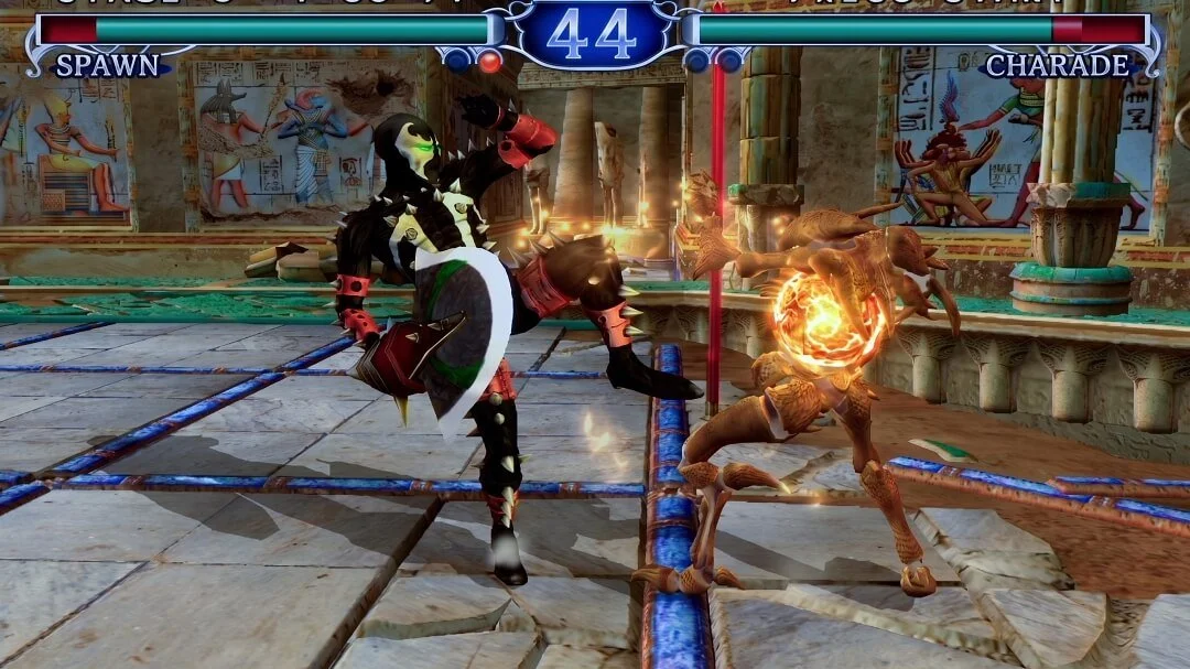 Spawn performs a kick against Charade during SoulCalibur II Plus gameplay