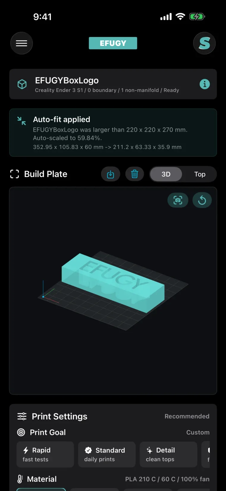 EFUGY iPhone screenshot showing auto-fit applied to a sample logo model