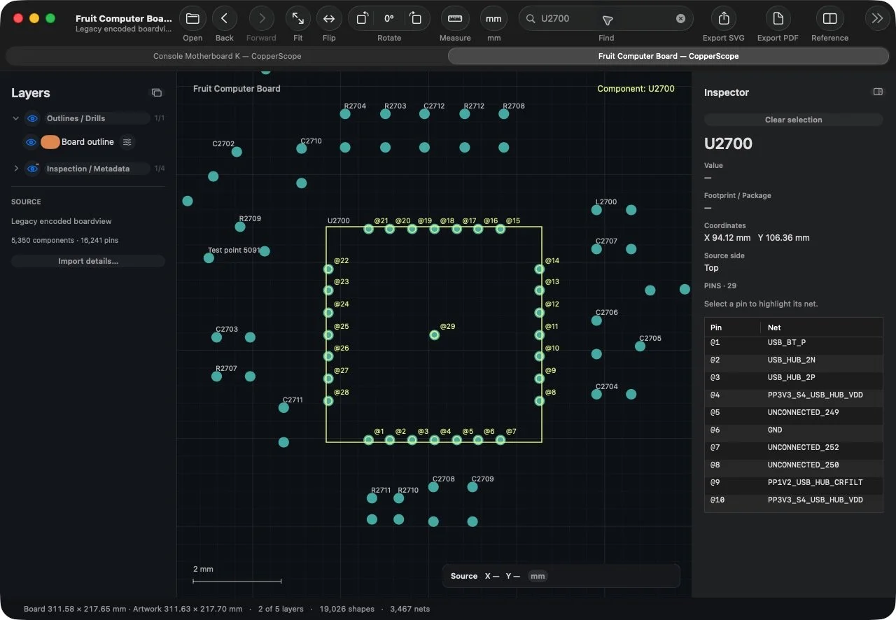 CopperScope locates U2700 on a cropped computer boardview and shows its available source contacts and nets in the Inspector.