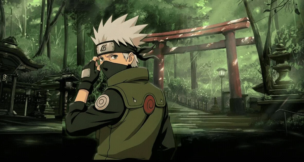 Kakashi Hatake standing on a forest shrine path