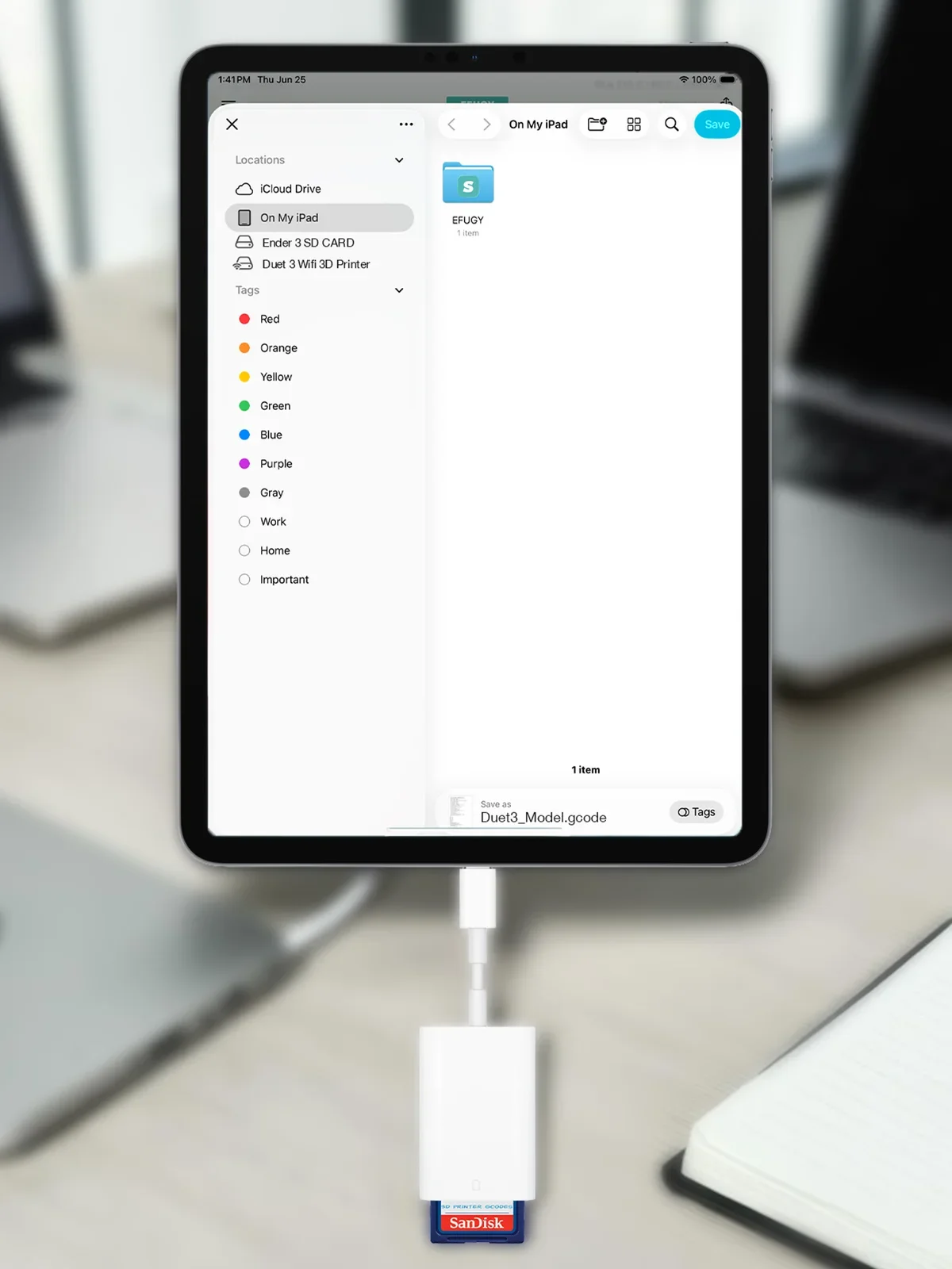 iPad Files save screen showing a G-code file being saved for EFUGY