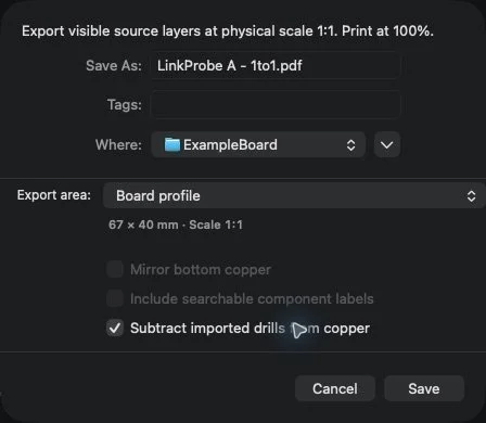 CopperScope's actual PDF export sheet shows scale 1:1, a 67 by 40 millimeter page, board-profile scope, and imported drill subtraction selected.