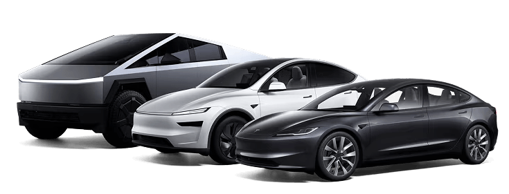 Three Tesla vehicles displayed together