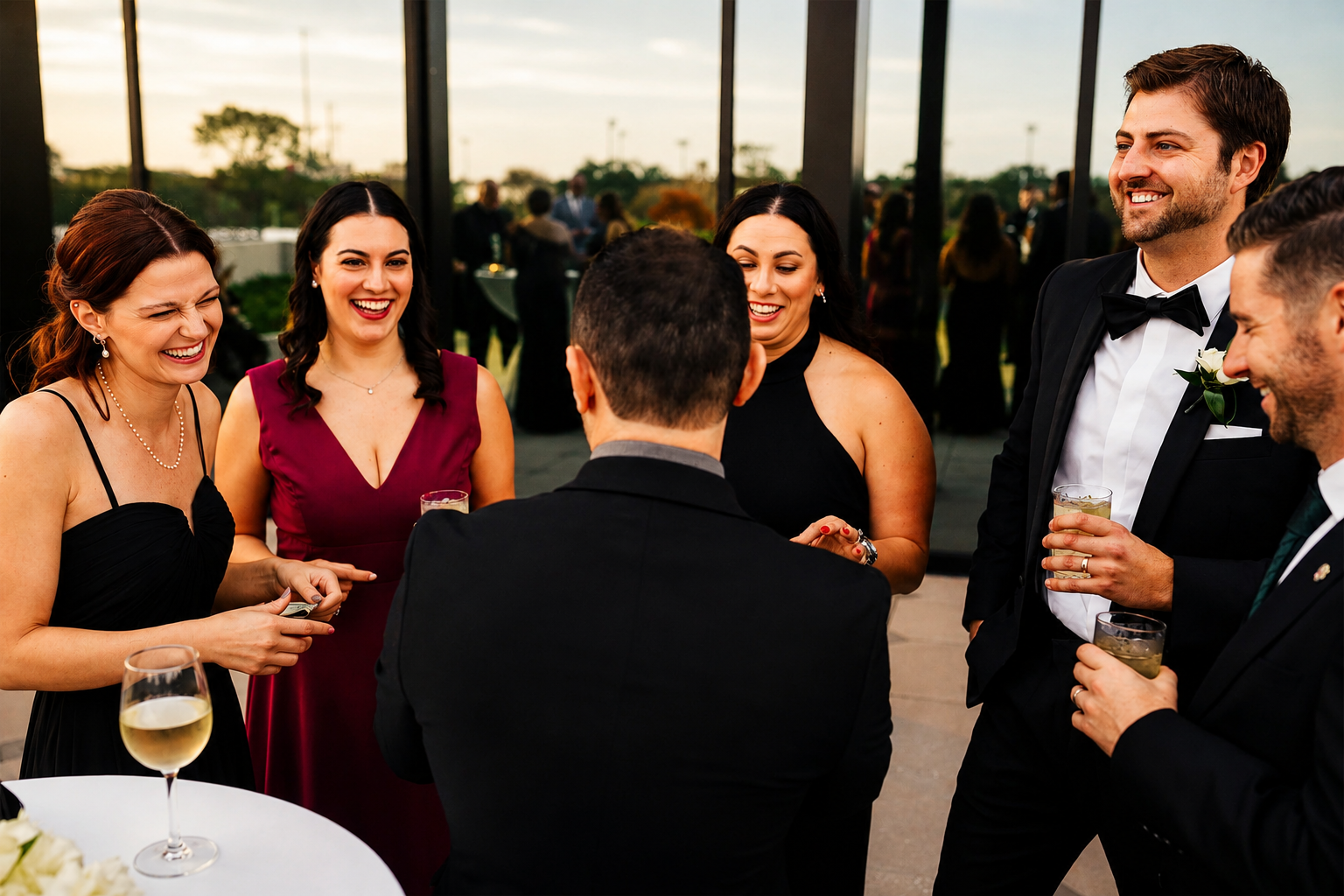 Wedding magician Ari Novick performing interactive close-up magic for guests during a wedding reception in Orlando, Florida.