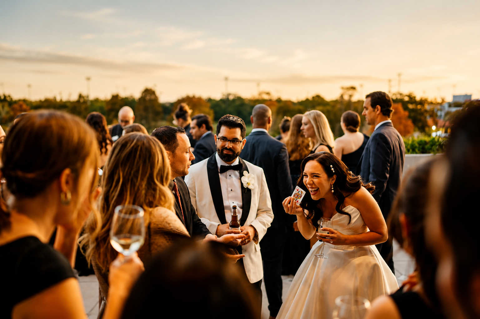 Wedding magician Ari Novick creating magical moments for the bride, groom, and guests during a wedding celebration in Orlando, Florida.