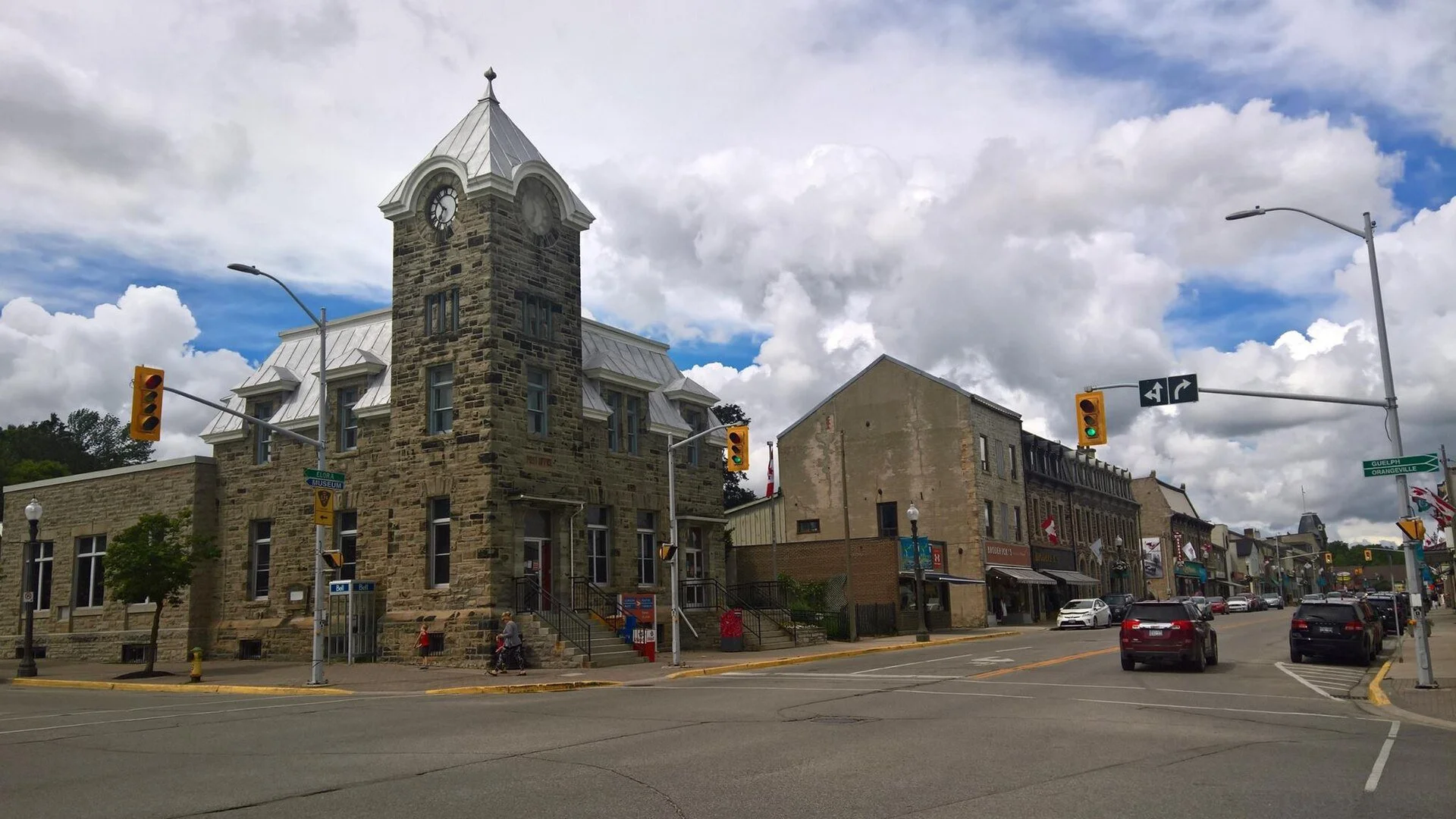 Historic stone buildings in downtown Fergus, Ontario