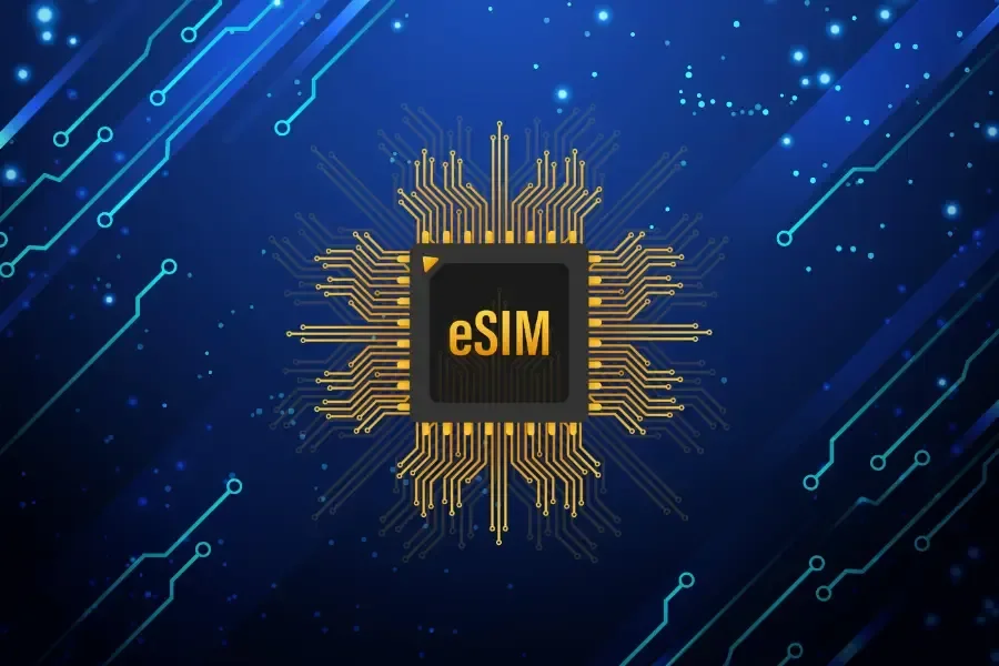 A gold eSIM chip on a blue circuit board background, the header image of Japan Nakama's eSIM guide