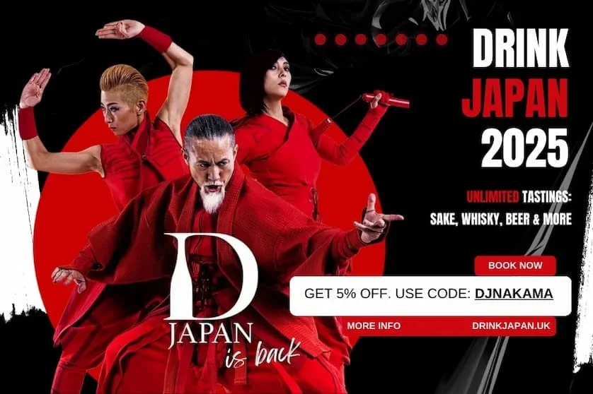 Drink Japan 2025 artwork with taiko performers in red