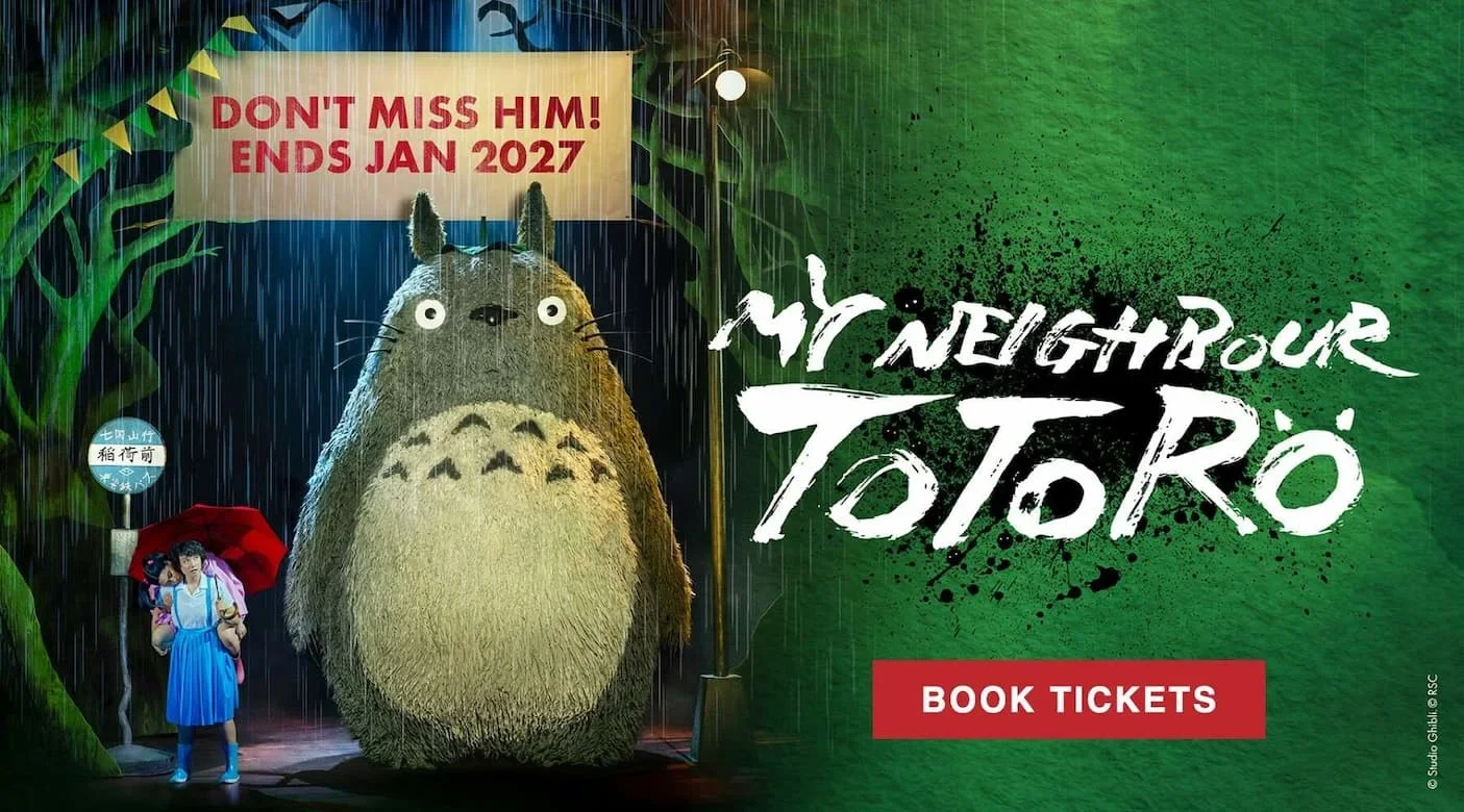 My Neighbour Totoro banner with Totoro and a girl at a bus stop in the rain