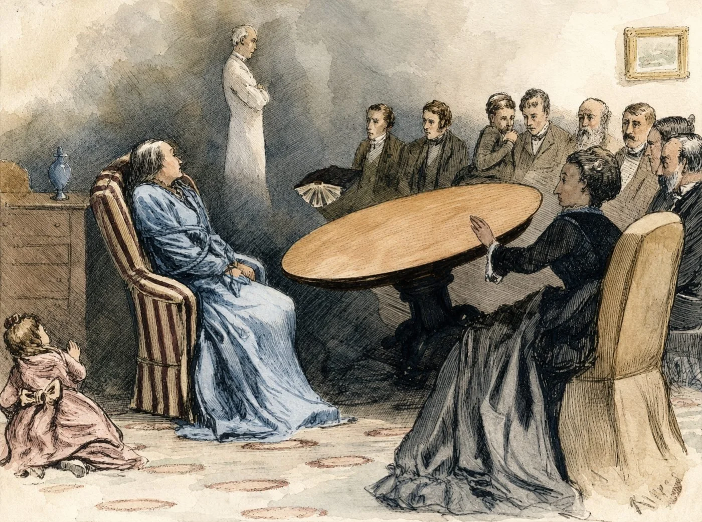 A nineteenth century engraving of a seance around an oval table