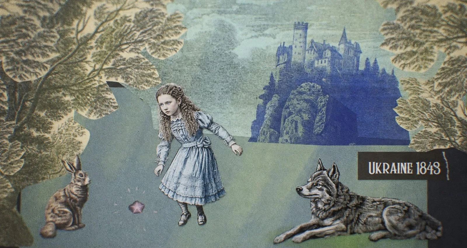 A cutout collage scene of a girl in a landscape with a castle and a wolf