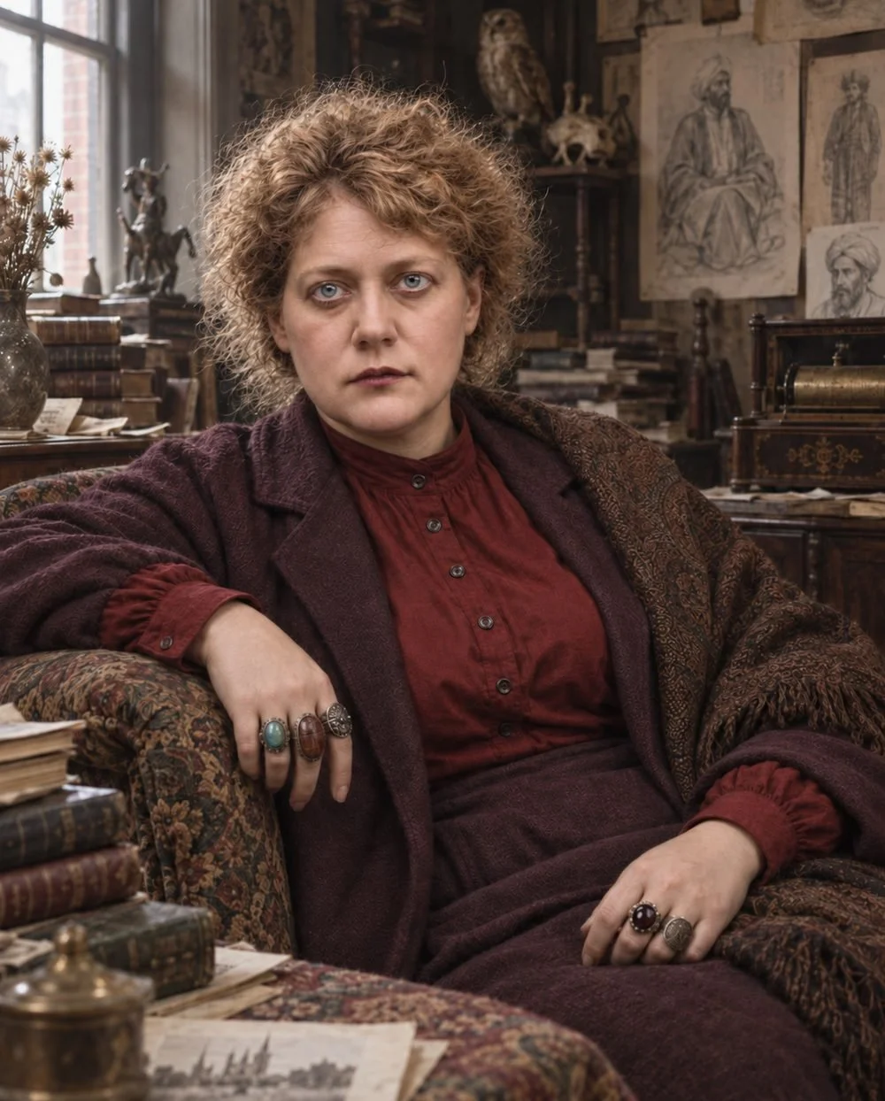 Concept image of Helena seated in a Victorian study