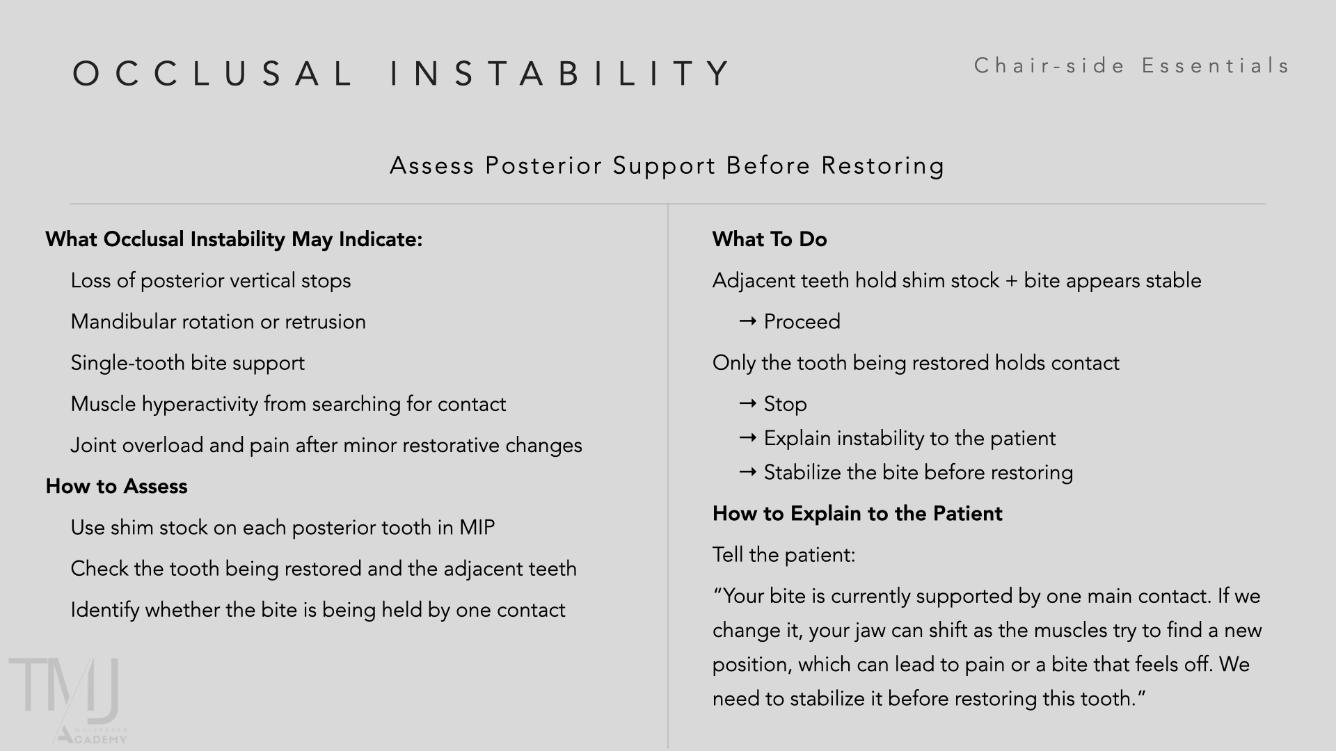Chairside Essentials card from Lesson 2: Occlusal Instability, assess posterior support before restoring.