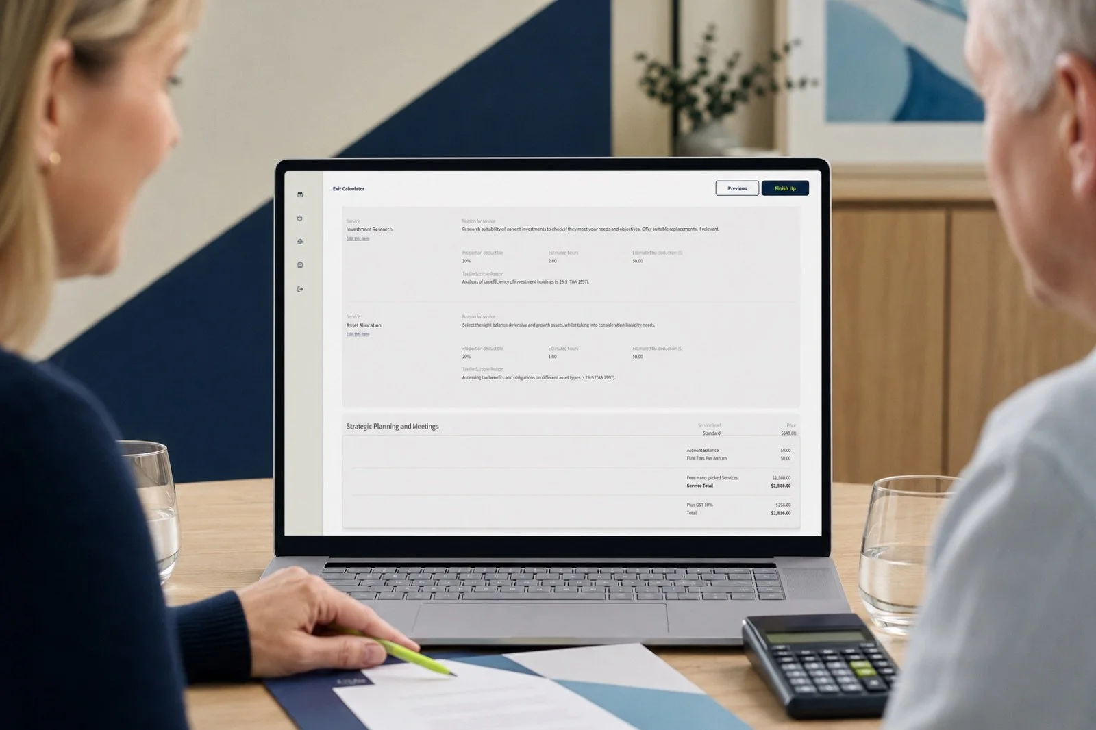 Clients reviewing their itemised advice fees and totals in the Finwise Calculator