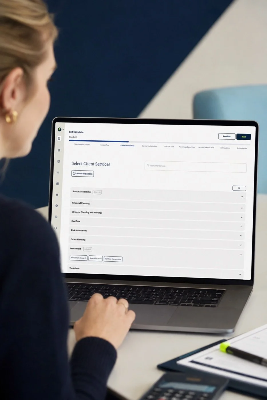 An adviser selecting client services in the Finwise Calculator