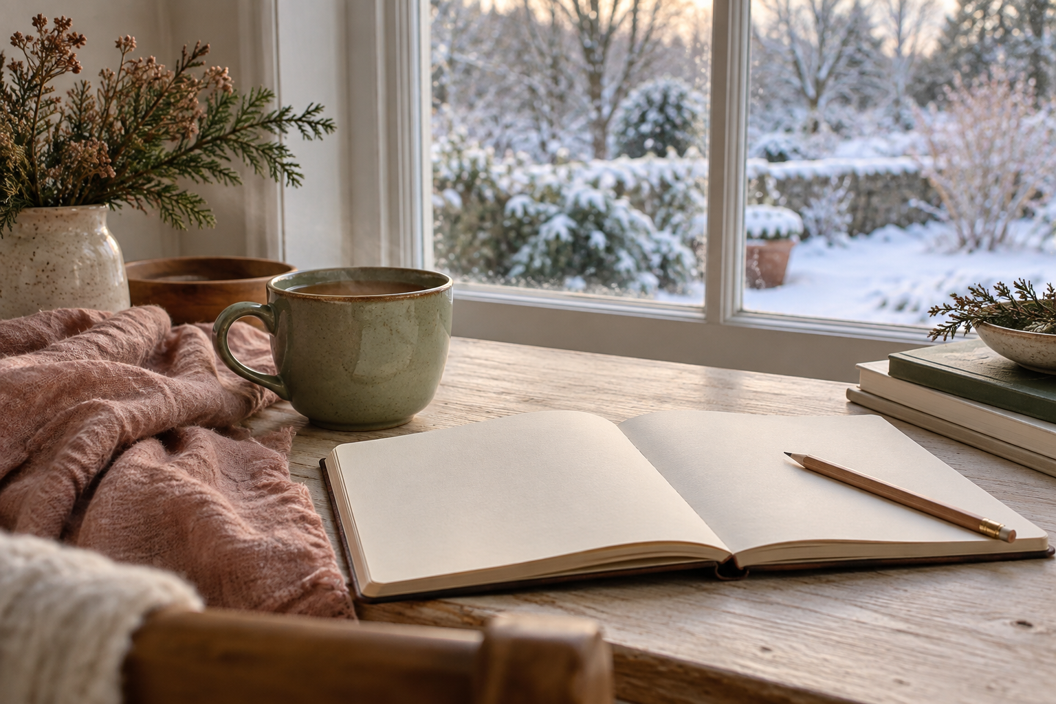 Een kop thee en open notitieboek bij een raam met winterlicht