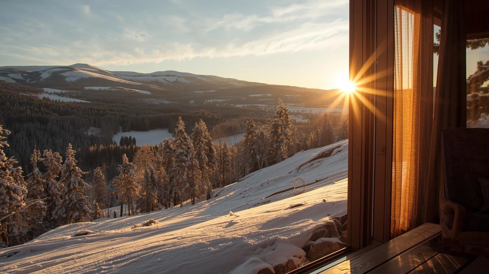 Warm ochtendlicht door een raam met uitzicht op een besneeuwd winterlandschap