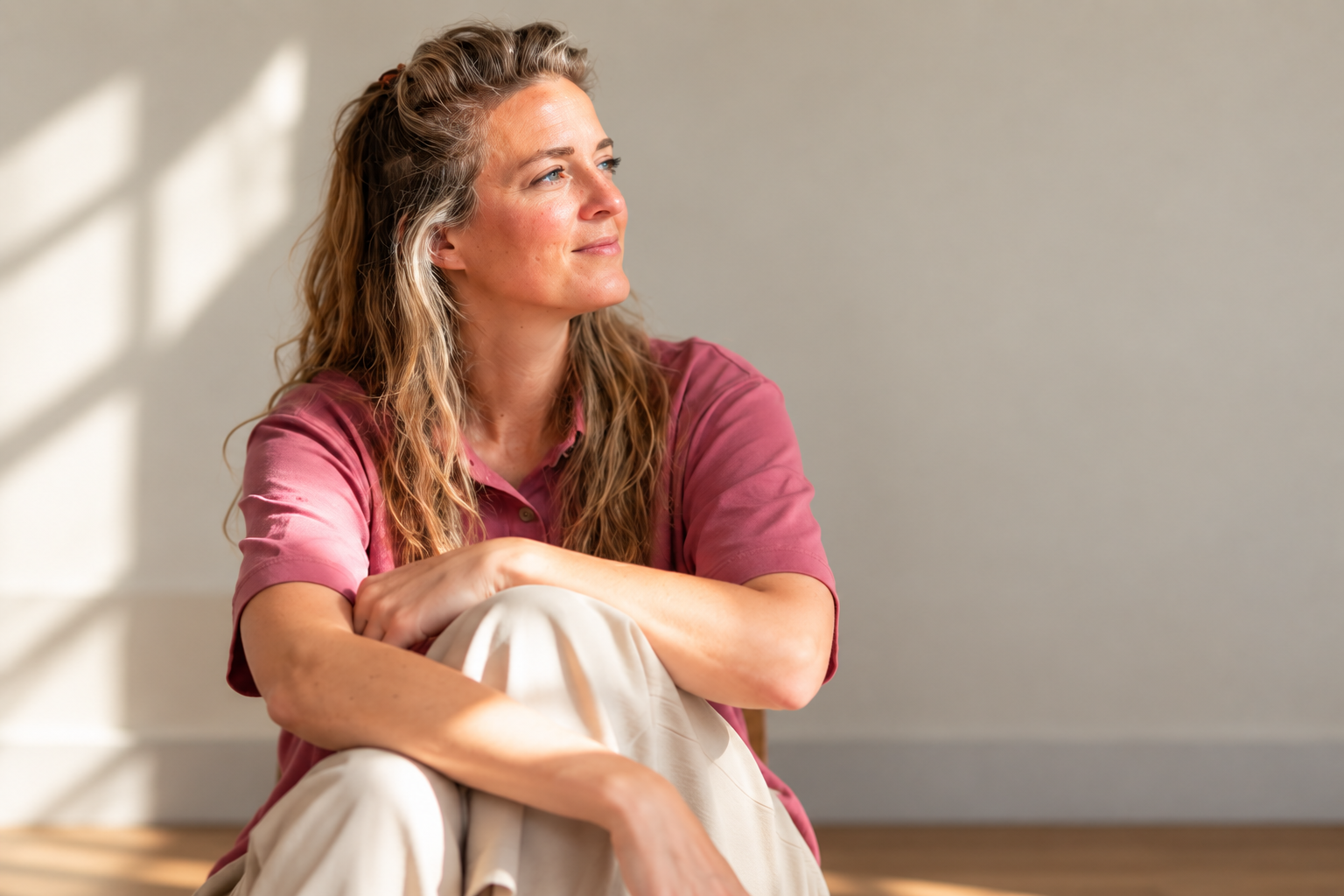 Fieke in een roze blouse, zittend in warm licht