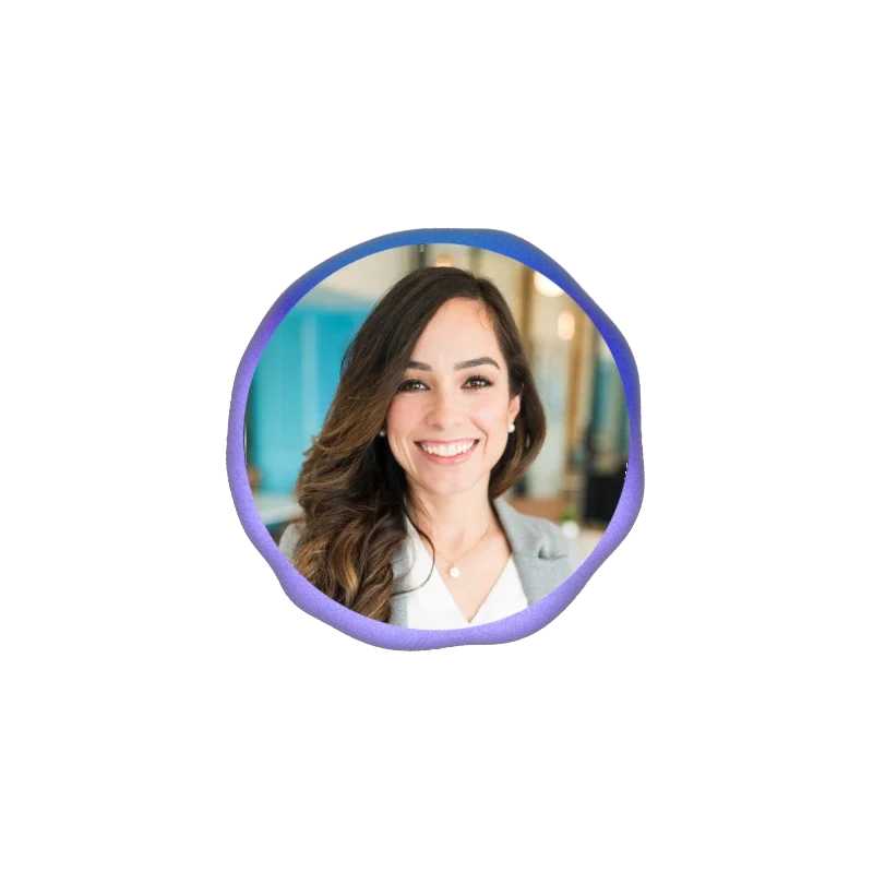Client portrait framed by a glowing blue and purple Ekora orb