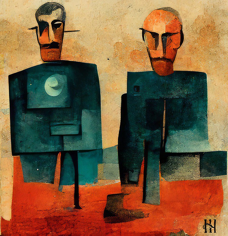 An abstract double portrait of jazz band leaders and composers Hank Hehmsoth and John Mills, created in 2022. This vibrant and modern artwork captures the essence of the Double Vision jazz band, blending creative expression with the improvisational spirit of jazz.
