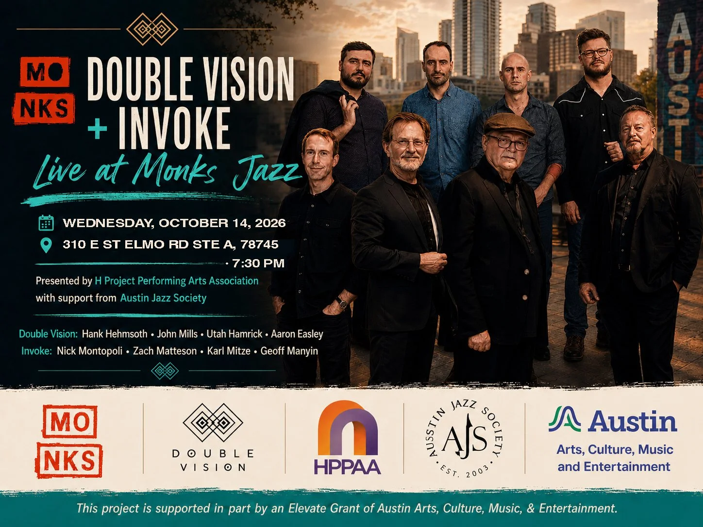 Double Vision and Invoke live at Monks Jazz in Austin on October 14, 2026